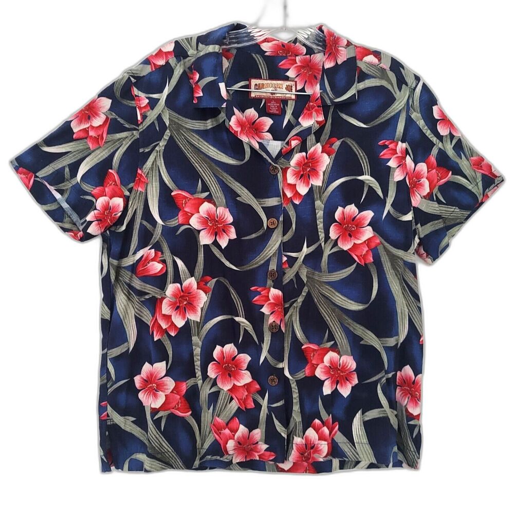 Caribbean Joe Womens Hawaiian Shirt Size L Blue Floral Short Sleeve Button Front